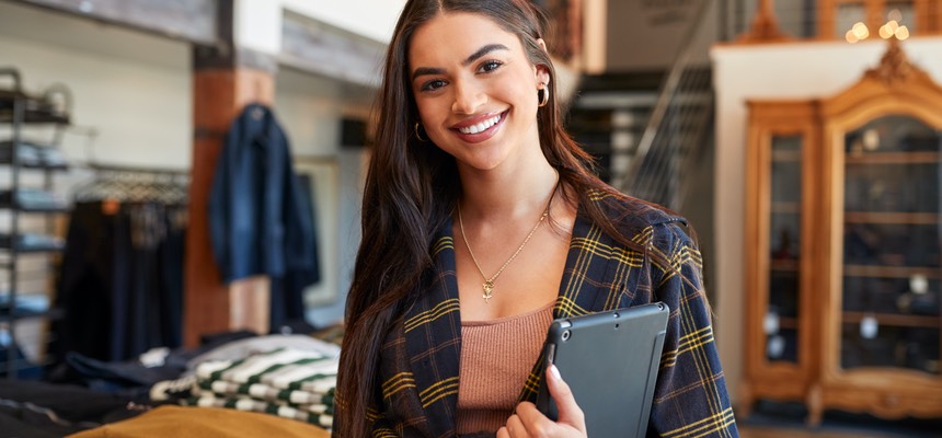 Portrait Of Smiling Female Owner Of Fashion Store Standing In Front Of Clothing Display